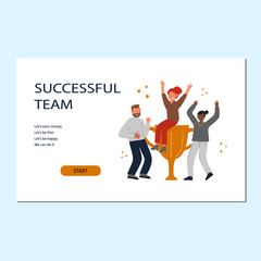 Successful team concept. Manager sits on cup and happy team. Colored flat vector banner. Isolated on white background.