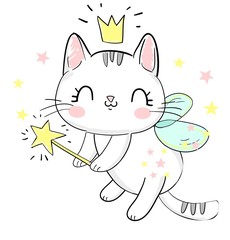 Cute cat with wings and wand vector illustration. Magic Vector Illustration. Children's print and poster.