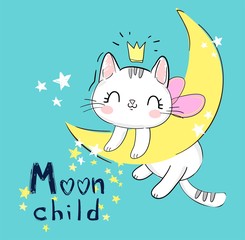 Hand drawn Cute Magic cat. Kitten sleeps on the moon. Vector Illustration. Children's print and poster.