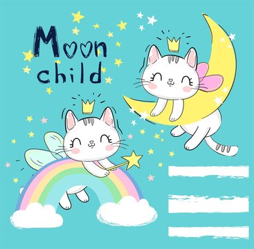 Hand drawn Set Cute Magic cats with wings. Fairytale character kitten sleeps on the moon and on the rainbow. Vector Illustration. Children's print and poster.