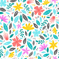 cute seamless pattern with leaves and flowers for spring, women's day, mother's day etc.