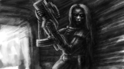 Fototapeta na wymiar A girl soldier is sneaking with a machine gun in a dark bunker corridor along the wall.