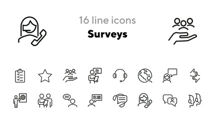 Surveys line icon set. Rate, evaluation, comment, operator. Customer service concept. Can be used for topics like review, feedback, call center, support service