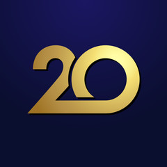 20 th anniversary numbers. 20 years old logotype. Shining golden congrats. Isolated abstract graphic design template. Creative 3D digits. Up to 20%, -20% percent off discount. Congratulation concept.