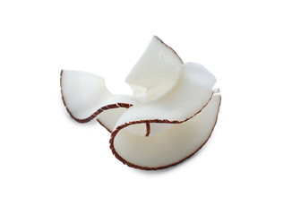 Tasty fresh coconut flakes isolated on white
