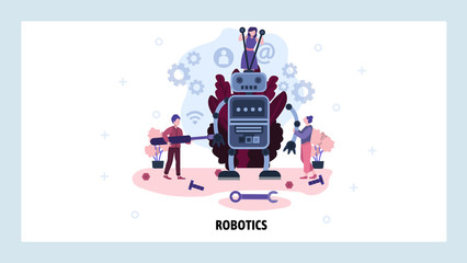 People build a robot. Robotics technology concept. Robot model constructor. Vector web site design template. Landing page website illustration