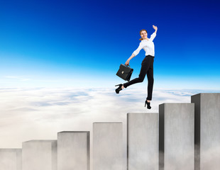 Business woman running on the concrete stairs blocks.