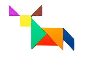 Color wood tangram puzzle in ox, buffalo or bull shape on white background