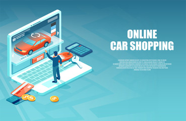 Vector of a man buying a car in the internet