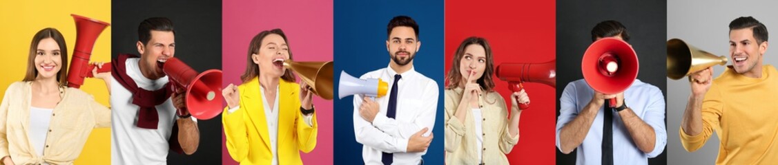 Collage of people with megaphones on color backgrounds. Banner design