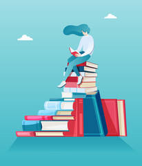 Fototapeta Vector of a woman sitting on a pile of books and reading obraz