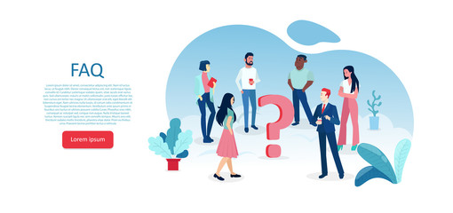 Vector of people standing around a question mark looking for an answer