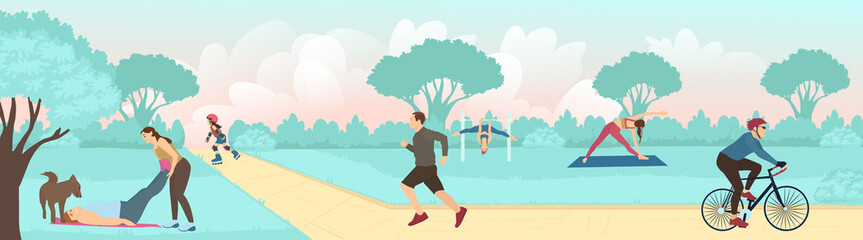 Vector of people exercising outdoors in the park, running, cycling and practicing yoga