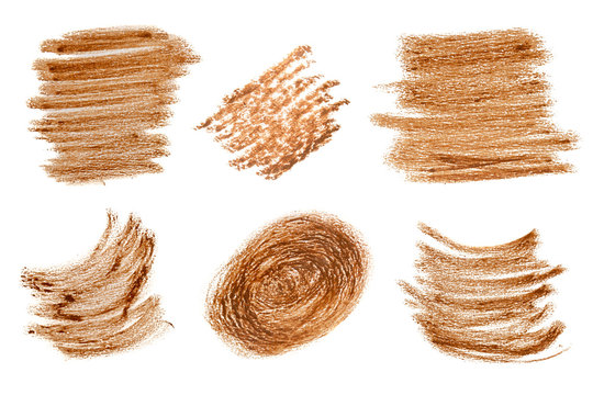 Brown scribbles set made with wax pencil on a white paper. Cut out on white background