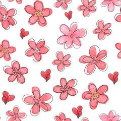 Watercolor seamless pattern with hand drawn red flowers