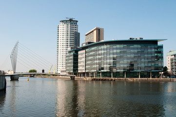 Media City Footbridge and the BBC buildings, Salford Quays, Greater Manchester, UK
