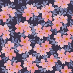 Fototapeta na wymiar pink flowers and blue leaves seamless pattern, great for retro summer fabric, scrapbook, gift wrap, and wallpaper design projects, floral surface pattern design