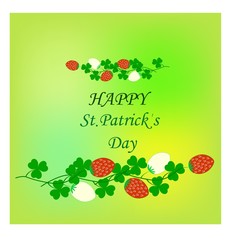 Clover on colorful square, lettering HAPPY St. Patrick DAY. Symbol fortune, success, traditional ireland festival. Fashion design. Color template for prints, wrapping, wallpaper. Vector illustration.