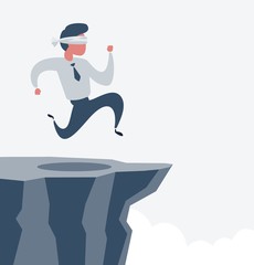 blindfolded businessman run to the cliff. Business concept. Stock flat vector illustration.
