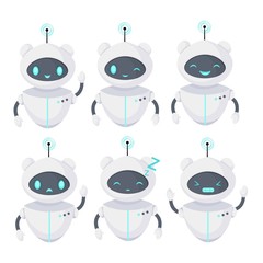 Chat bot icon set. Robot with different emotions. Virtual assistant for website, mobile app and customer service. Cartoon flat vector illustration.