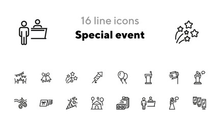 Special event line icon set. Air balloons, cutting ribbon, event reception. Celebration concept. Can be used for topics like birthday party, prom, holiday