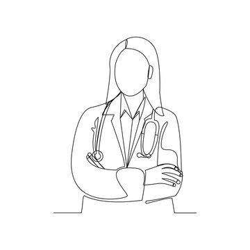 Continuous line drawing of woman doctor with stethoscope. One line art of health care concept. Vector illustration.