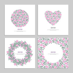 Set floral square template for greeting card. Cover for social media posts, app, banner design and web. Pink flower rose hip and leaf in shape of heart and circle hand drawing. Vector illustration.