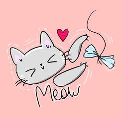 Cute cat on a pink background illustration. Print design for baby textiles. Funny cat scratch toy.
