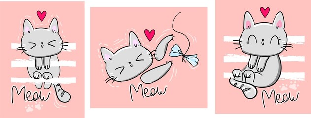 Set cute cats on a striped with a heart. Sketch kittens print for children's textiles, t-shirts, nursery. Letters - Meow. Pink background