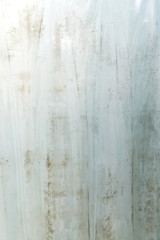 Dark brown mildew mold on plastic interior shower curtain in a light aqua bathroom