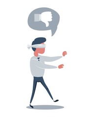 Young blindfolded businessman trying to find the right direction. Business concept. Stock flat vector illustration.