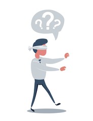 Young blindfolded businessman trying to find the right direction. Business concept. Stock flat vector illustration.