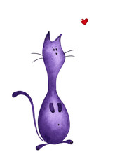 Cute skittle-shaped purple cat. Funny kitten with a round belly and long tail in love. Watercolor painting. Hand drawn illustration