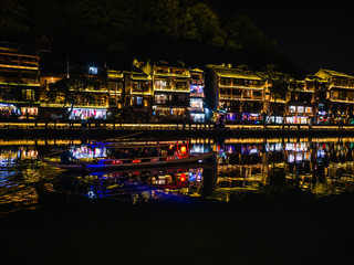 fenghuang,Hunan/China-16 October 2018:Scenery view in the night of fenghuang old town .phoenix ancient town or Fenghuang County is a county of Hunan Province, China