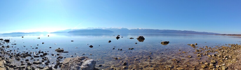 panoramic image of a lake prespa in macedonia