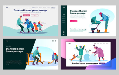 Parents and kids enjoying winter activities set. Ice skating, hockey, walk with stroller. Flat vector illustrations. Family, lifestyle, leisure concept for banner, website design or landing web page