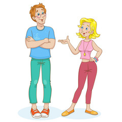 A young beautiful couple a man and a woman are standing and talking. In cartoon style. Isolated on white background. Vector illustration.