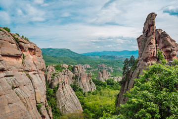 A fabulous green valley filled with yellow-red rocks with whimsical shapes, Belogradchik rocks,...