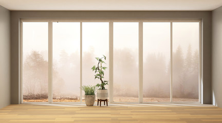 Two flowers in empty room with big window and fog forest view