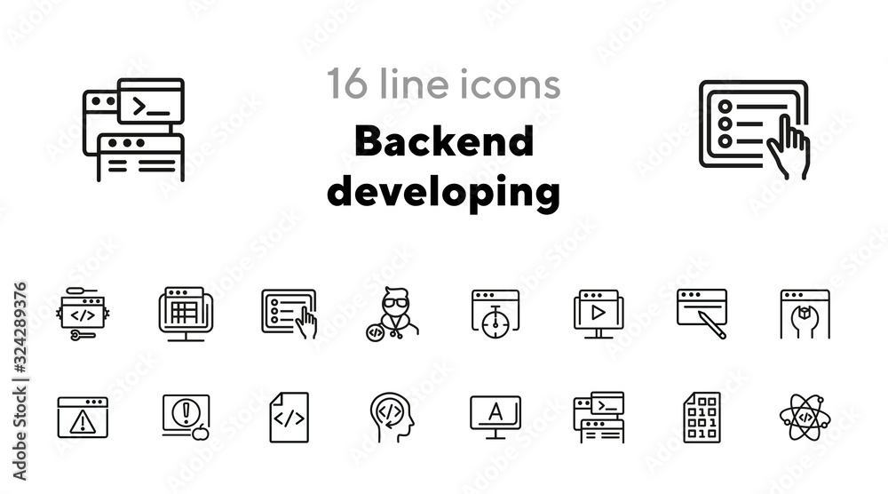 Poster backend developing line icon set. set of line icons on white background. technology concept. program