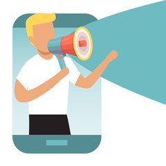 Man from smartphone shouting into a megaphone marketing announcement. Refer a friends concept. Man with loudspeaker and referral program. Digital business advertising, social media marketing