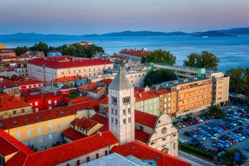 Top view of Zadar old town at sunset from the tower of Zadar cathedral,  Dalmatia, Croatia. Scenic...