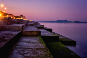 Sea organ (morske orgulje) in Zadar at sunrise, architectural landmark, Croatia. Scenic landscape...