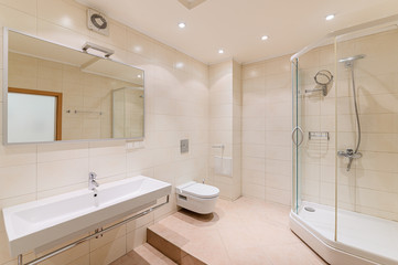 Russia, Omsk- October 18, 2019, 2019: interior room apartment. standard repair decoration in hostel. bathroom, sink, decoration elements, toilet