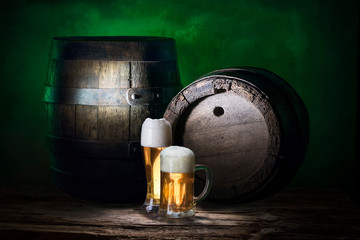 still life with beer and old barrels