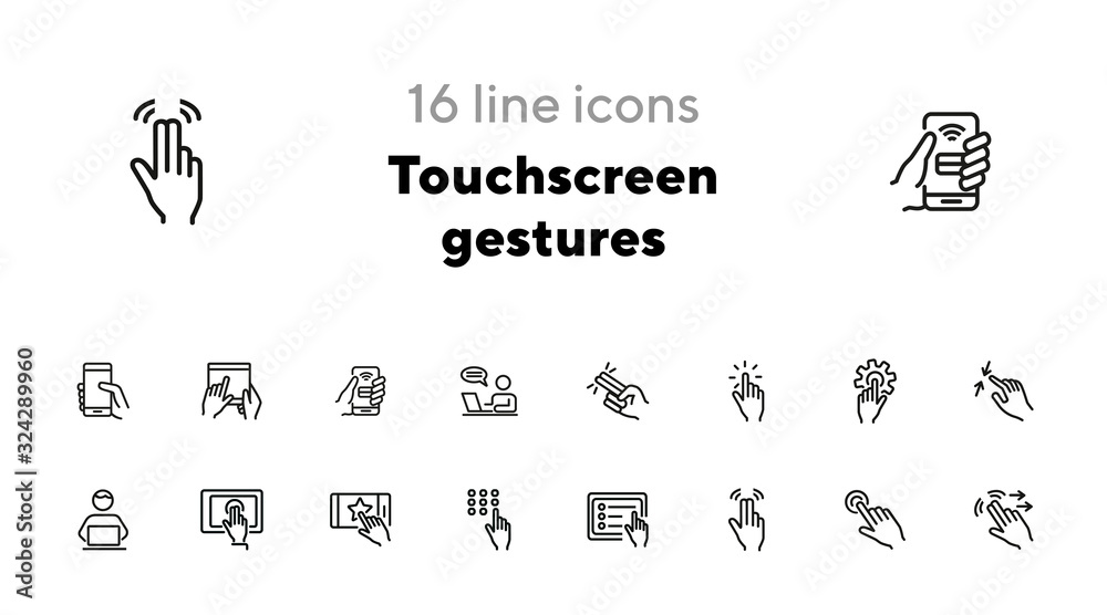 Sticker Touchscreen gestures line icon set. Press, tap, smartphone, tablet. Modern technology concept. Can be used for topics like phone features, gesturing, app design