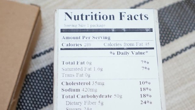 Nutrition label on food packaging. Facts and Quality on Box. Ingredient info food and drink