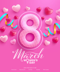 8 march women's day Poster or banner with sweet hearts on pink background.Promotion and shopping template or background for Love and women's day concept