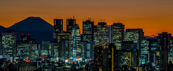 Fuji Mountain with Shinjuku Skyscraper Buildings at Sunset, Tokyo, Japan ~ 東京 夕焼け 新宿の高層ビルと富士山 ~ 