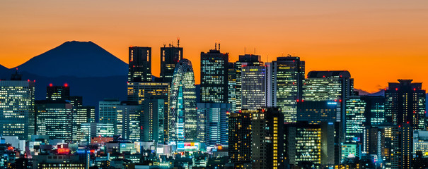 日本の風景 夕暮れの東京、高層ビルと富士山 